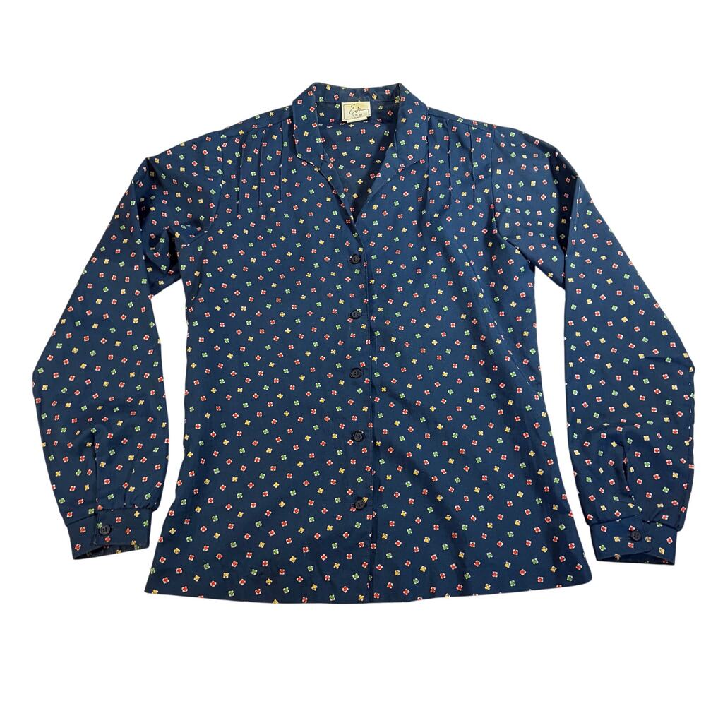 VTG Eva womens navy button up geometric print. Size 5/6. 70s, 80s, polyester